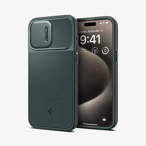 ACS06599 - iPhone 15 Pro Max Case Optik Armor (MagFit) in black showing the back with lens slot open